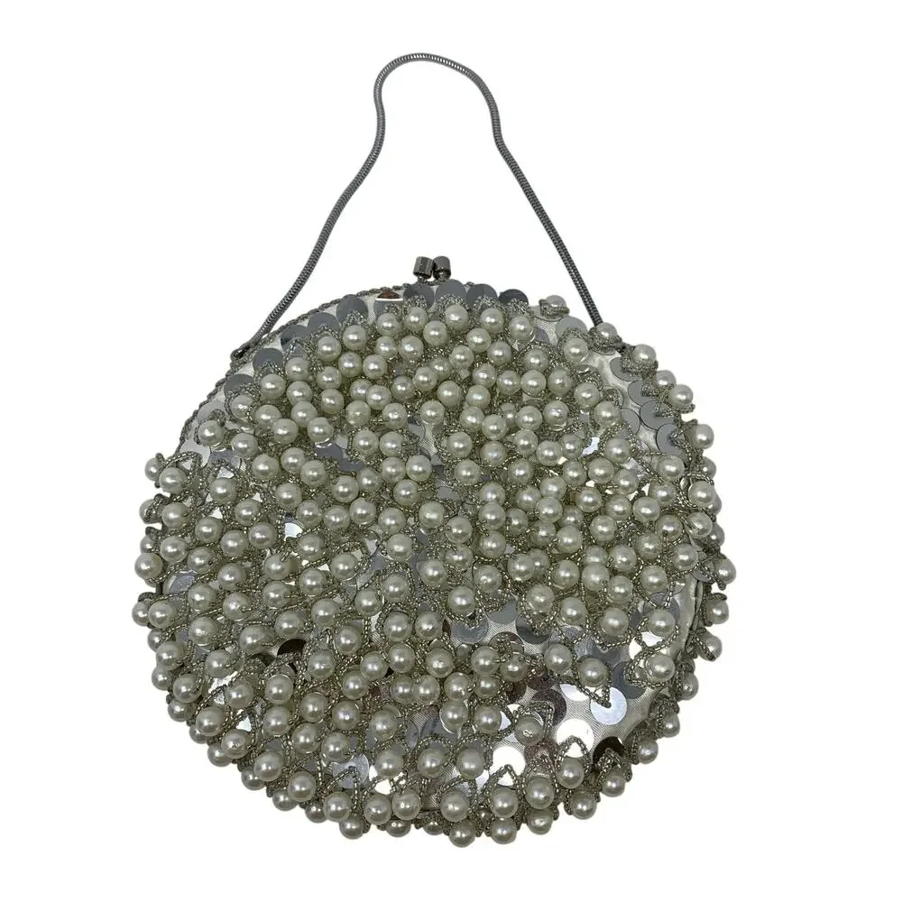 Vintage DeLill Faux Pearl Beaded Evening Bag White Bridal Clutch Chain Purse